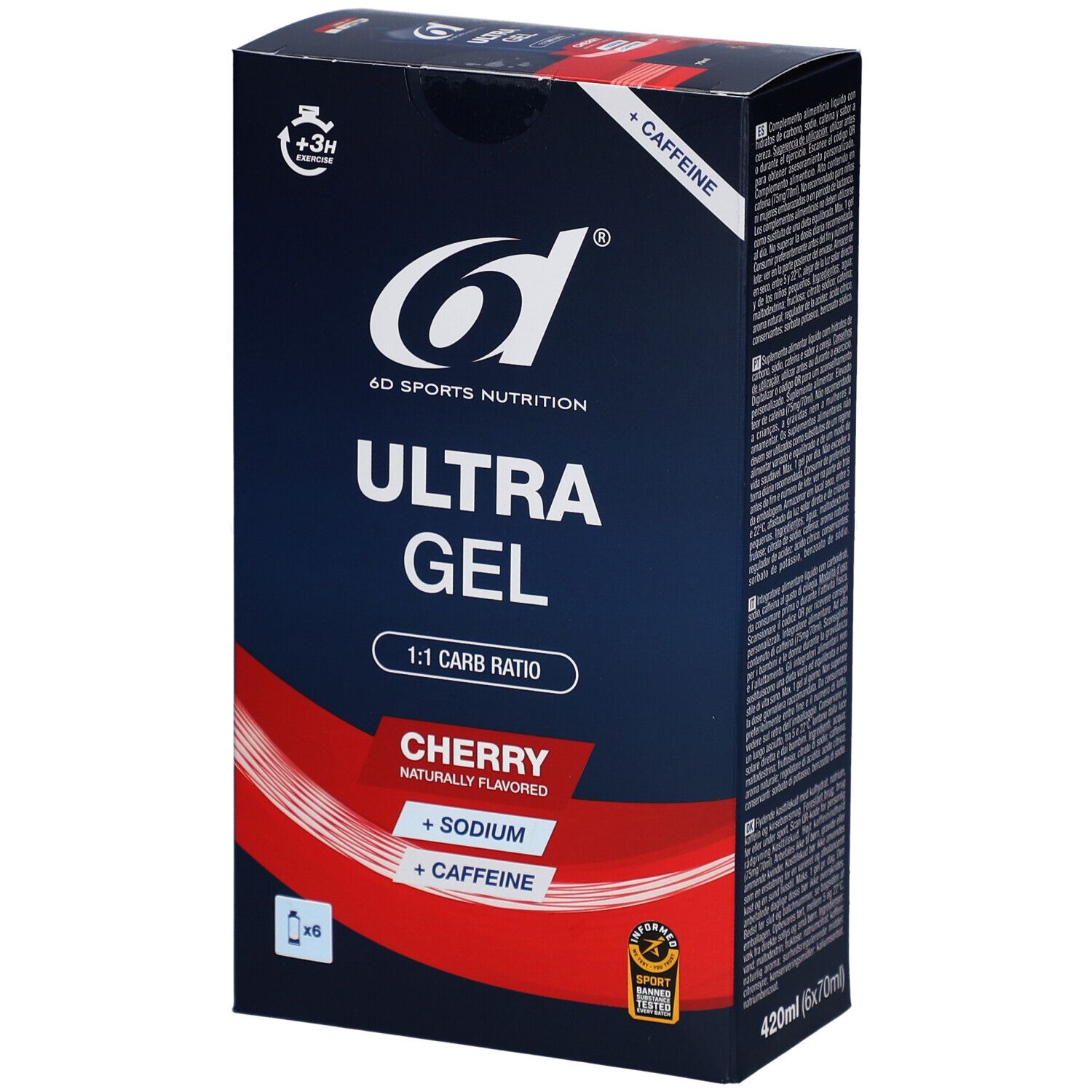 Verpackung von 6D Ultra Gel. Blaue Schachtel mit Produktnamen, Kirschgeschmack und Koffein. 420ml (6x70ml).