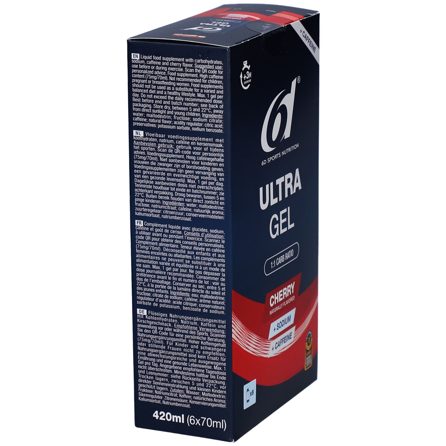 6D Ultra Gel Verpackung. Blaue Schachtel mit Produktinformationen, Kirschgeschmack und Koffein. 420ml (6x70ml).