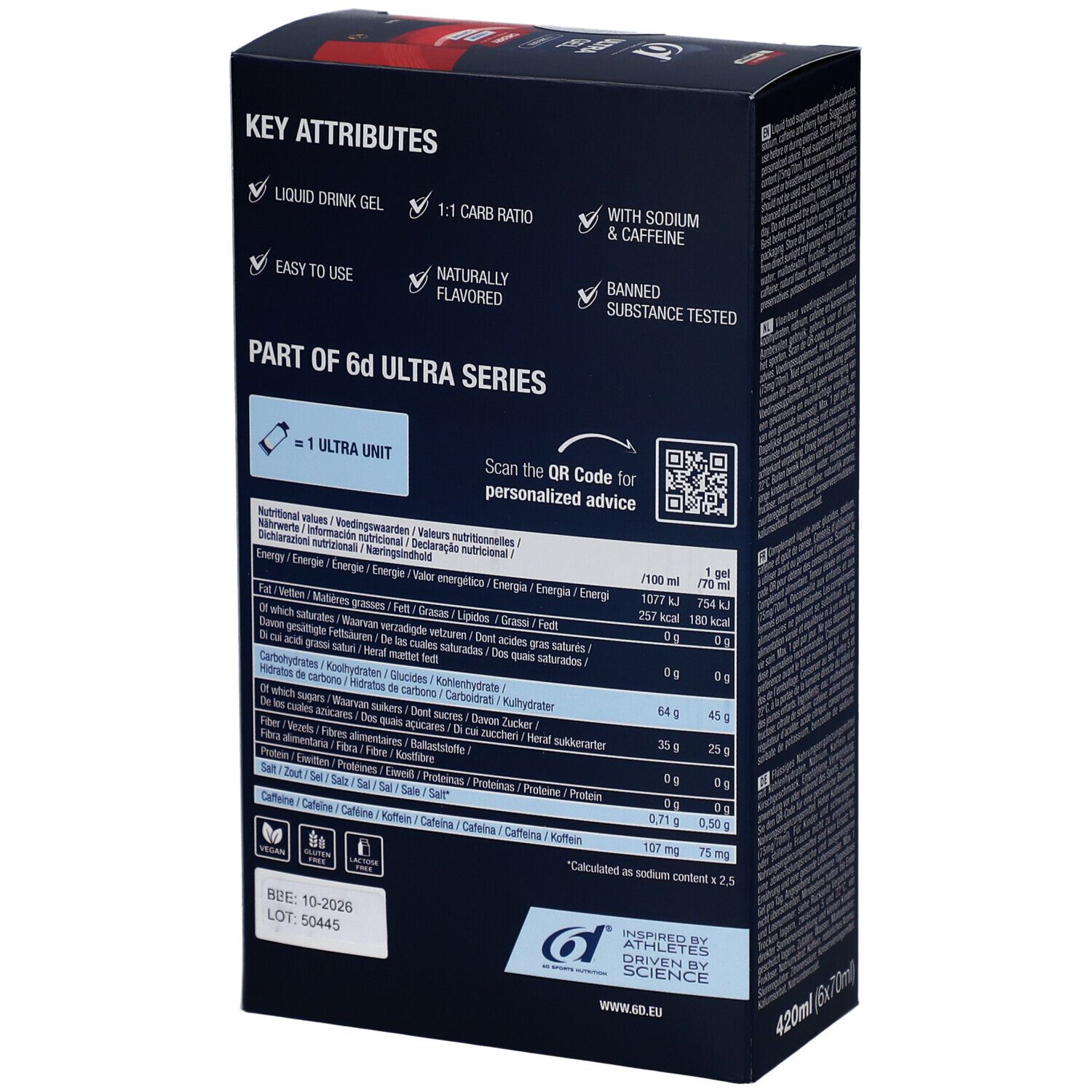 Rückseite der 6D Ultra Gel Verpackung. Enthält Nährwertangaben und Produktmerkmale. 420ml (6x70ml).