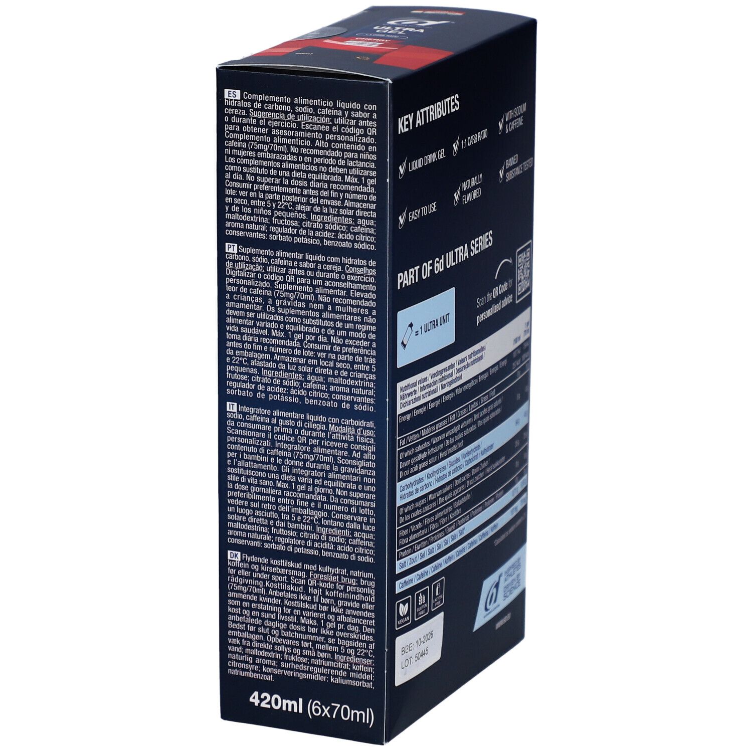 Rückseite der 6D Ultra Gel Verpackung. Enthält Produktinformationen und Nährwertangaben. 420ml (6x70ml).