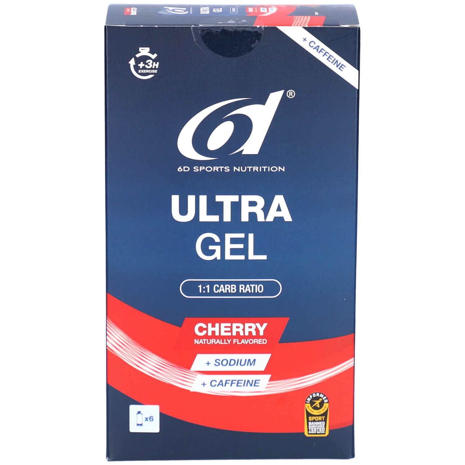 6D Ultra Gel Verpackung. Blaue Schachtel mit Produktnamen, Kirschgeschmack und Koffein. 420ml (6x70ml).