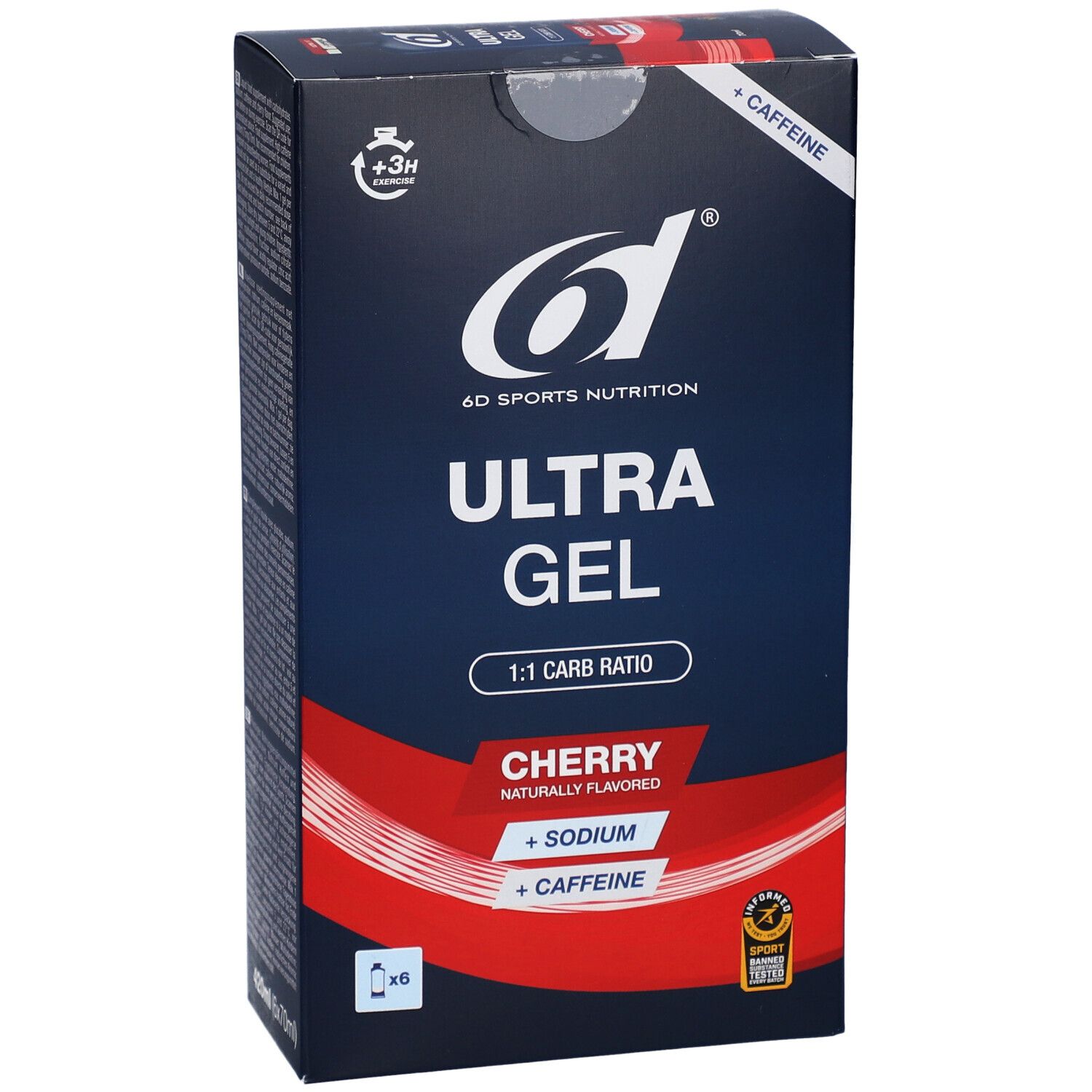 6D Ultra Gel Verpackung. Blaue Schachtel mit Produktnamen, Kirschgeschmack und Koffein. 420ml (6x70ml).