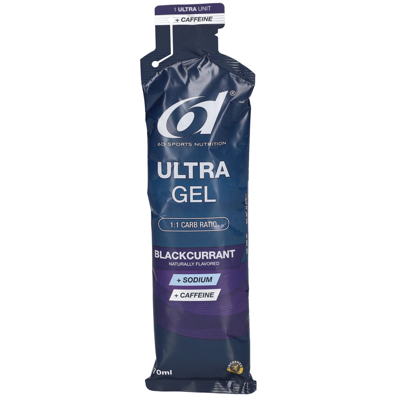 Dunkelblaue Gel-Verpackung. "6D Sports Nutrition" und "Ultra Gel" Schriftzug. Enthält Koffein und Natrium. Geschmacksrichtung: Schwarze Johannisbeere.