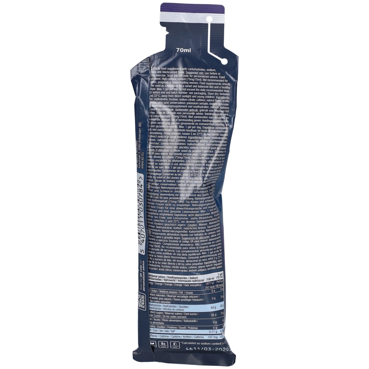 Rückseite einer dunkelblauen Gel-Verpackung. Text in mehreren Sprachen. Enthält Nährwertangaben und Inhaltsstoffe. Mit einem Aufreiß-Kerbe.