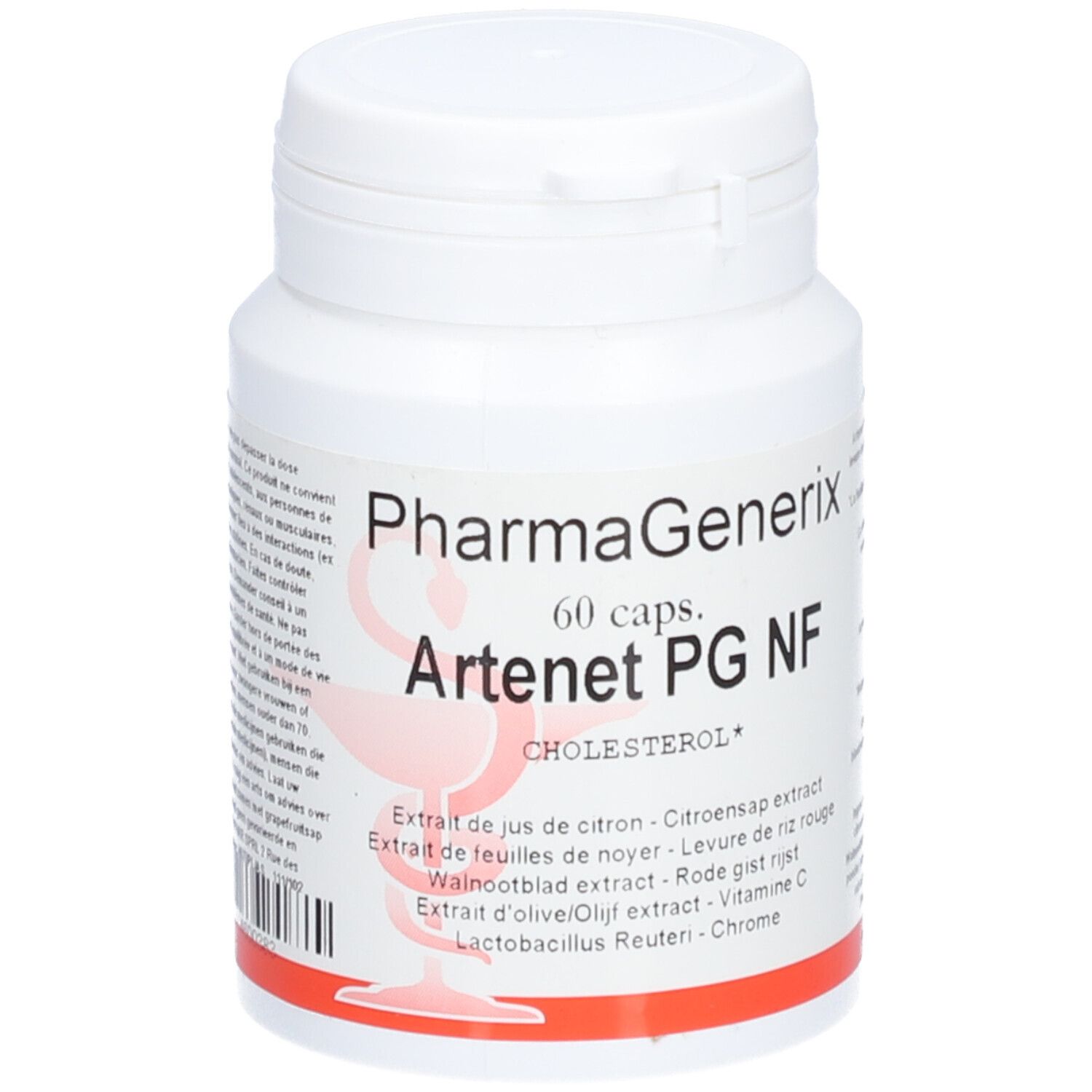 Flacon blanc avec bouchon à vis. Inscription: PharmaGenerix Artenet PG NF, 60 capsules. Liste des ingrédients.