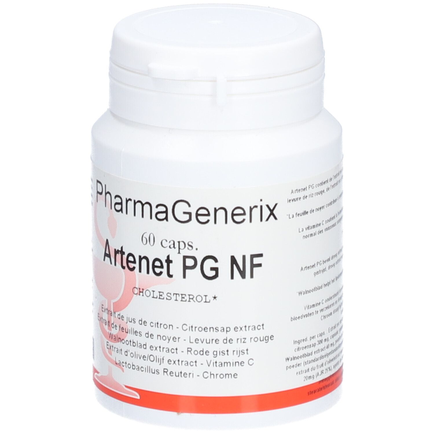 Flacon blanc avec bouchon à vis. Inscription: PharmaGenerix Artenet PG NF, 60 capsules. Liste des ingrédients.