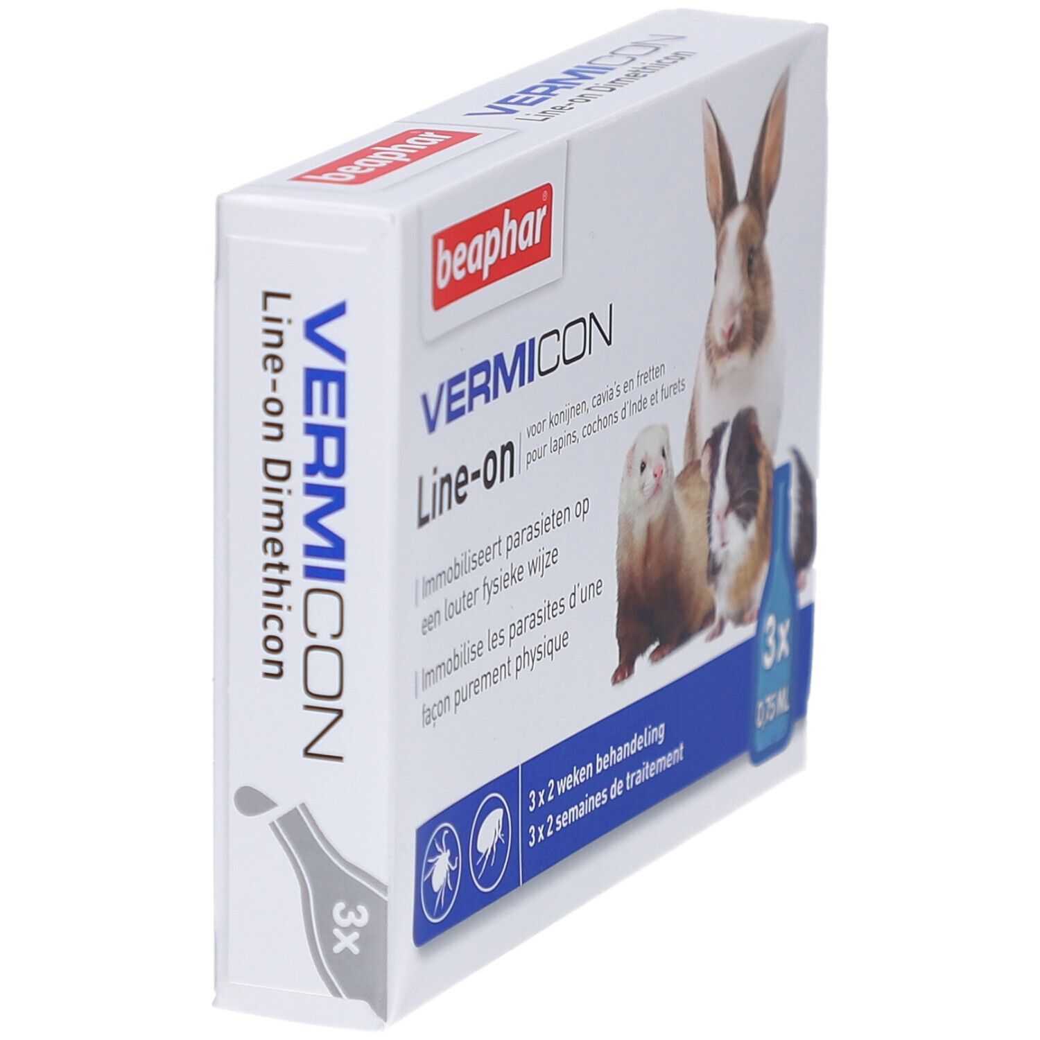 Beaphar Vermicon Line-on. Verpackung, Seitenansicht. Produktname und Logo sichtbar. Enthält 3 x 0,75 ml.