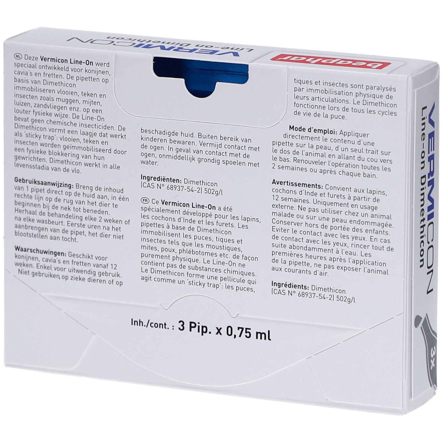 Rückseite der Beaphar Vermicon Line-on Verpackung. Text in mehreren Sprachen. Enthält 3 Pipetten.