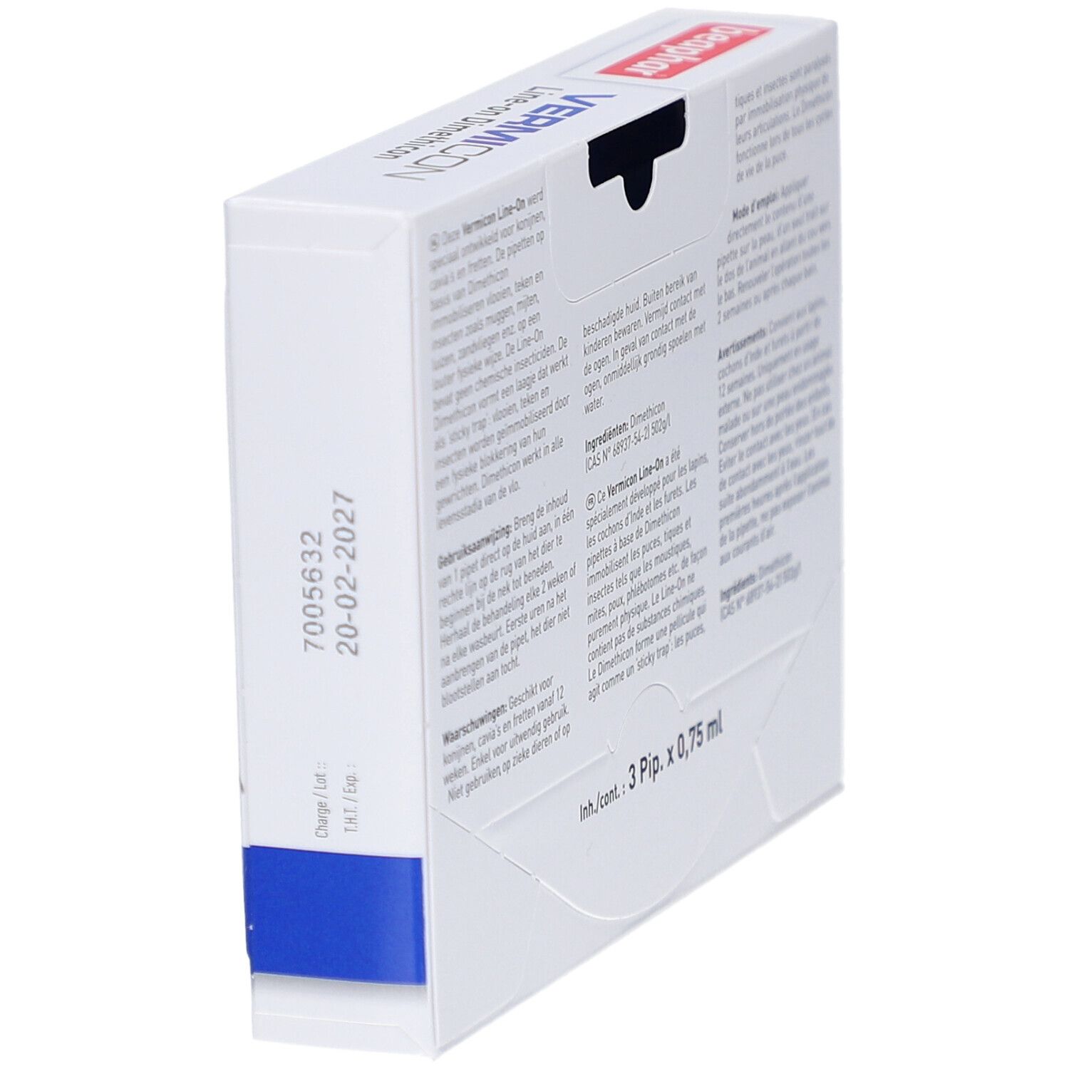 Seitenansicht der Beaphar Vermicon Line-on Verpackung. Text und Chargennummer sichtbar. Enthält 3 Pipetten.