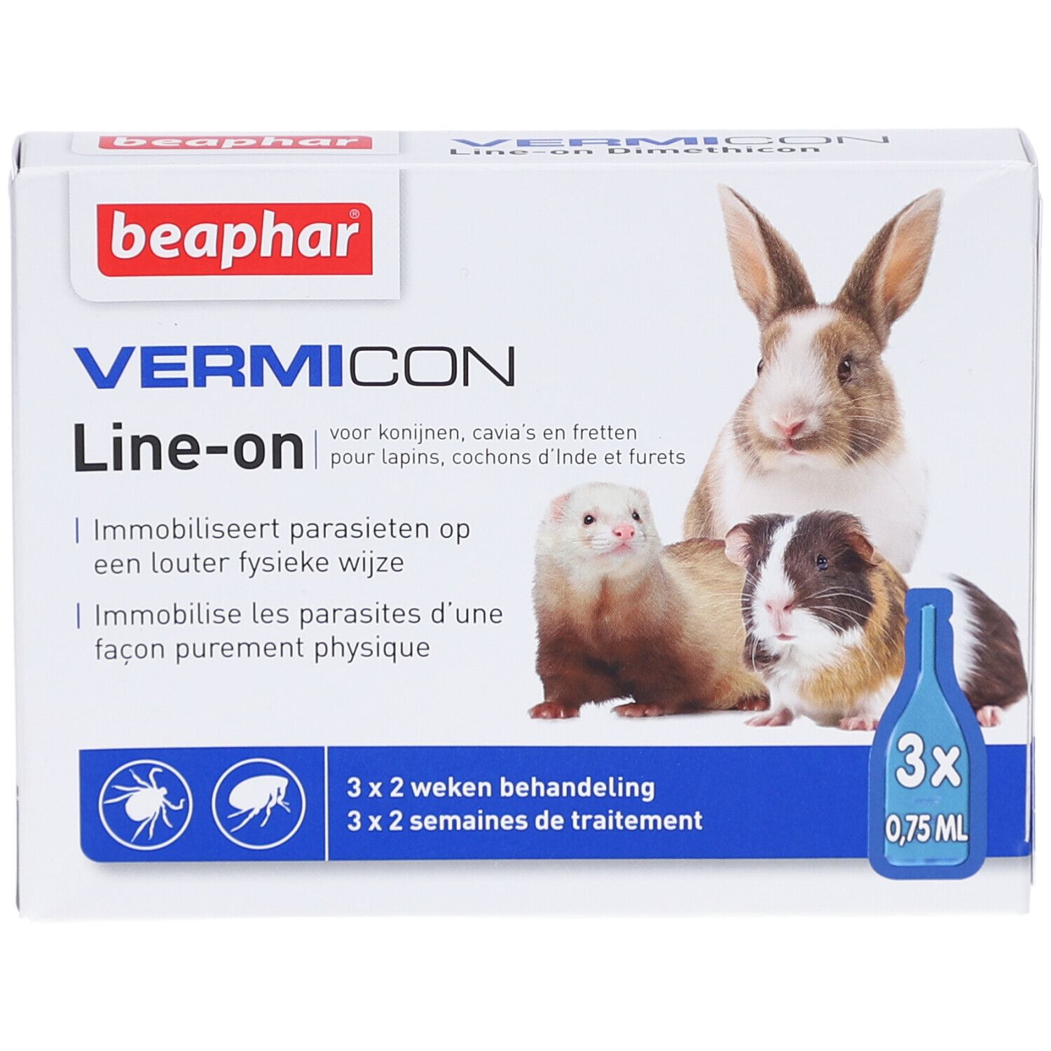 Beaphar Vermicon Line-on. Verpackung mit Produktabbildung und Tieren. Enthält 3 x 0,75 ml.