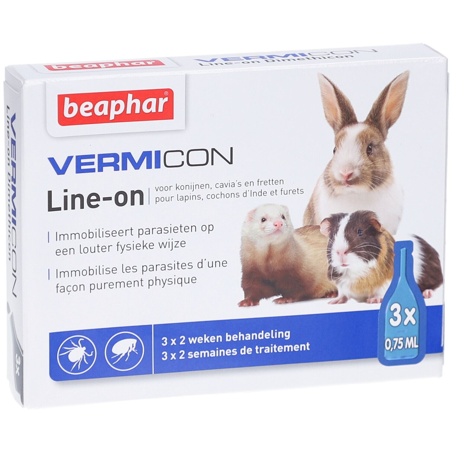 Beaphar Vermicon Line-on. Verpackung mit Produktabbildung und Tieren. Enthält 3 x 0,75 ml.