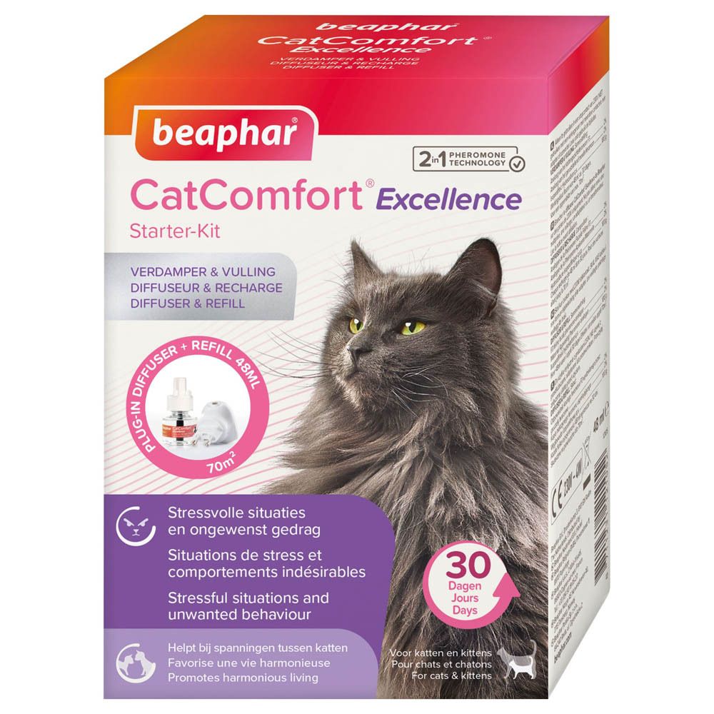 Kit de démarrage Beaphar CatComfort Excellence. Boîte avec image de chat et produit. Contient diffuseur et recharge.