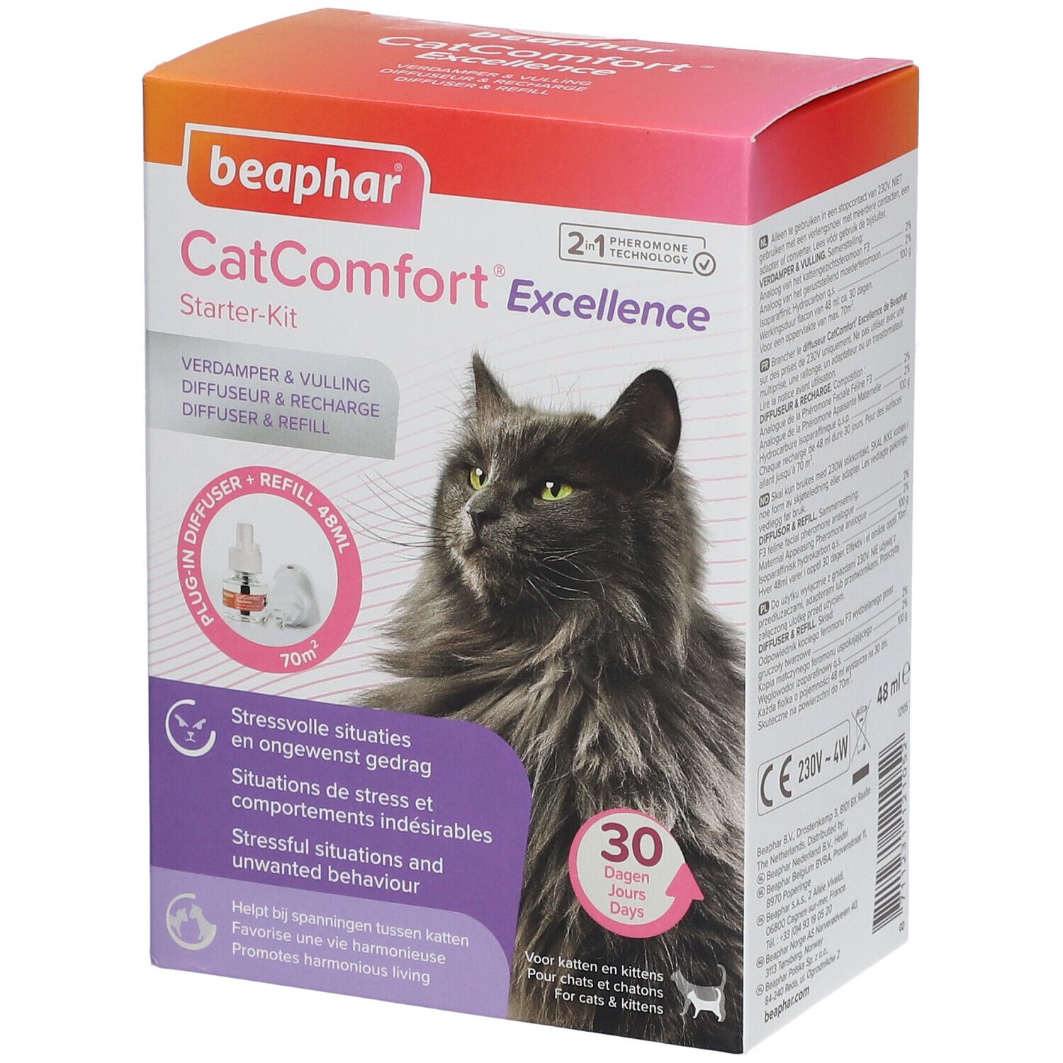 Boîte Beaphar CatComfort Excellence Starter-Kit. Image de chat, diffuseur, texte. Technologie phéromone 2-en-1.
