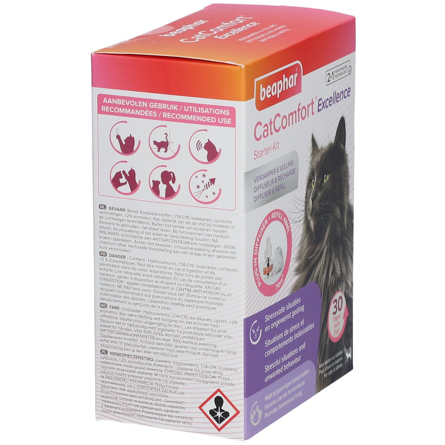 Dos de la boîte Beaphar CatComfort Excellence Starter-Kit. Texte et illustrations. 30 jours. Symbole de danger.