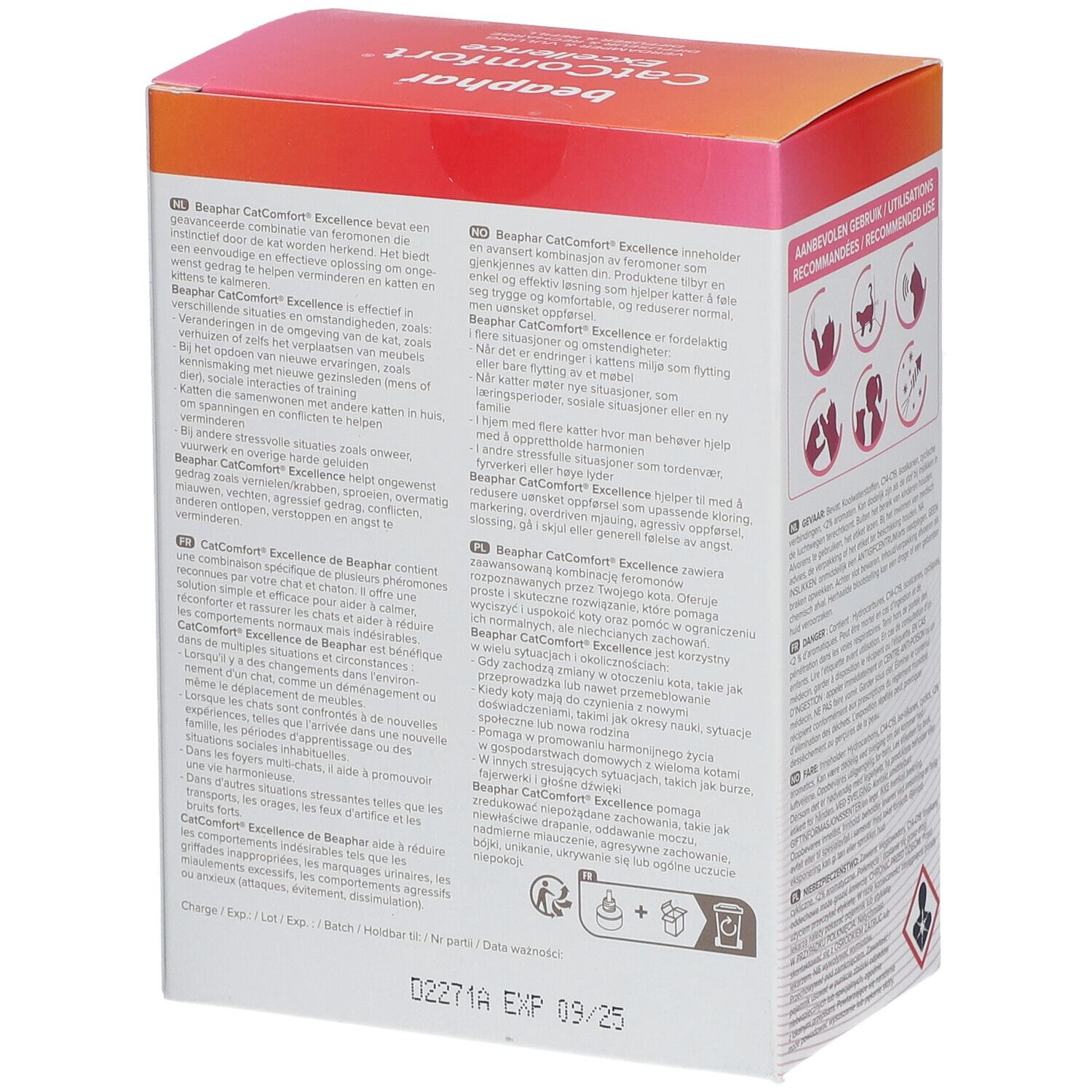 Dos de la boîte Beaphar CatComfort Excellence Starter-Kit. Texte. Durée de conservation : 03/25. Symbole de danger.