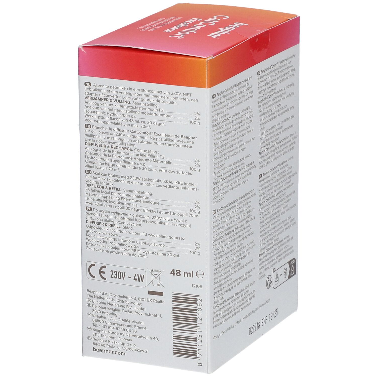 Dos de la boîte Beaphar CatComfort Excellence Starter-Kit. Texte. 48 ml. Marque CE. 230V-4W.