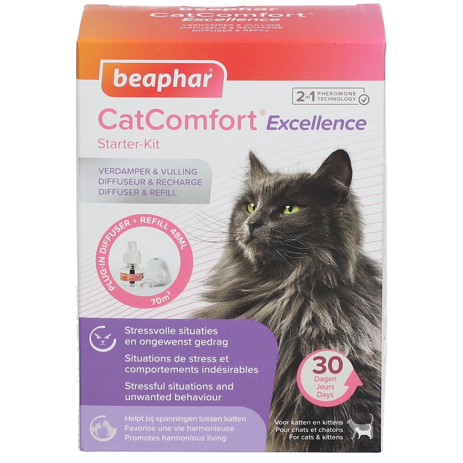 Boîte Beaphar CatComfort Excellence Starter-Kit. Image de chat, diffuseur, texte. Technologie phéromone 2-en-1.