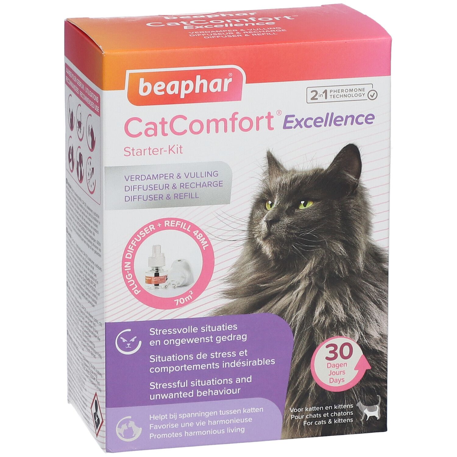Boîte Beaphar CatComfort Excellence Starter-Kit. Image de chat, diffuseur, texte. Technologie phéromone 2-en-1.