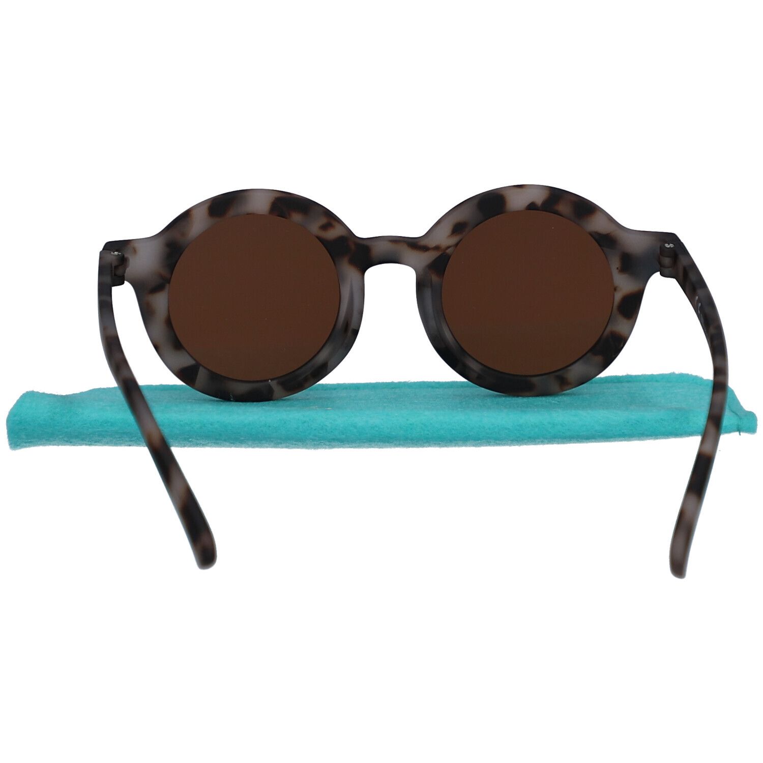 Runde Kinderbrille mit braunen Gläsern und Schildpattmuster. Bügel ausgeklappt. Marke: RenÉ(e).