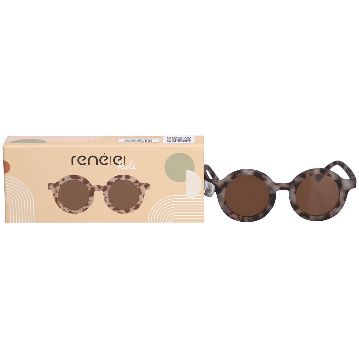 Kinderbrille und Verpackung. Brille rund, braune Gläser, Schildpattmuster. Verpackung beige, Marke: RenÉ(e) Kids.