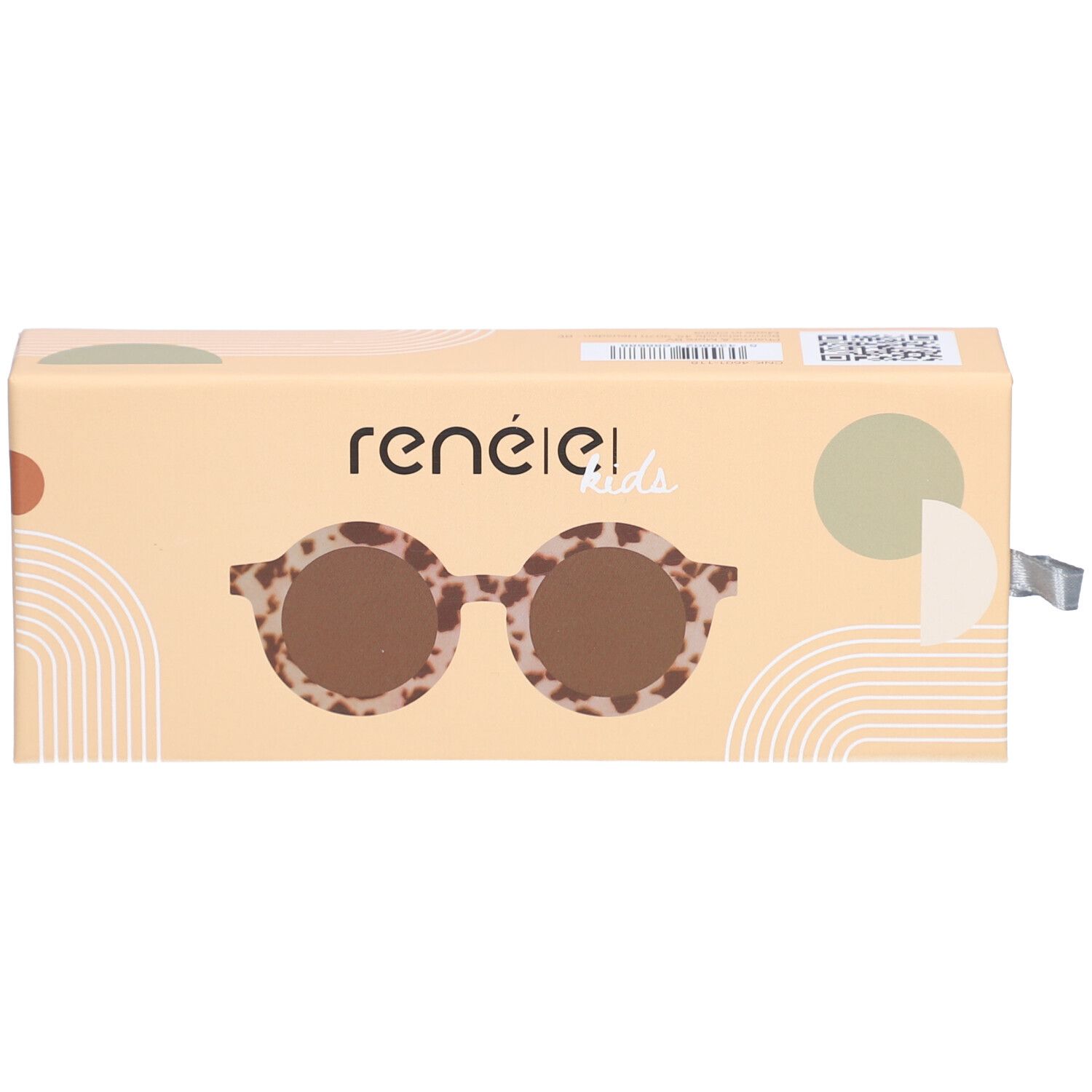 Verpackung der Kinderbrille. Beige, Marke: RenÉ(e) Kids. Abbildung der Brille. Mit Zugband.