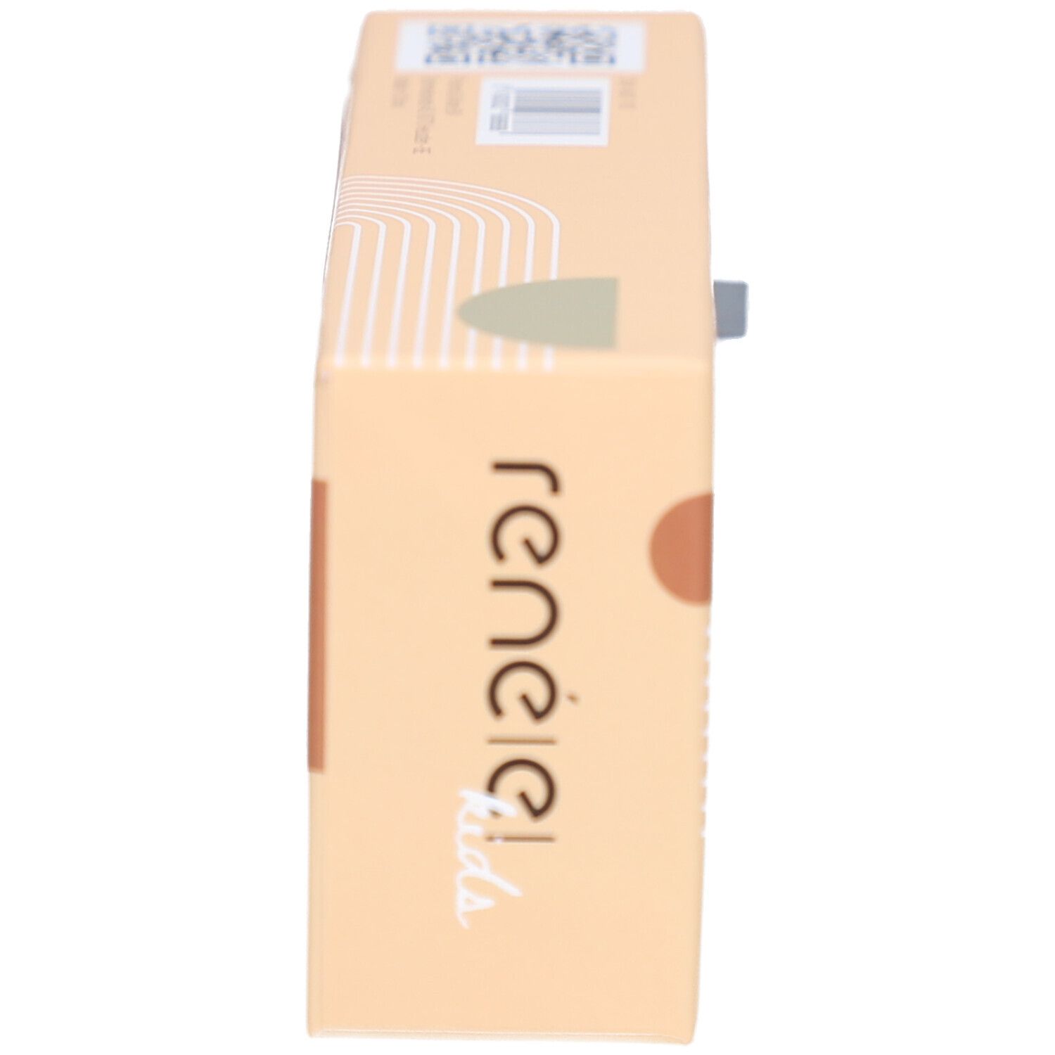 Verpackung der Kinderbrille. Beige, Marke: RenÉ(e) Kids. Seitenansicht. Mit Zugband.