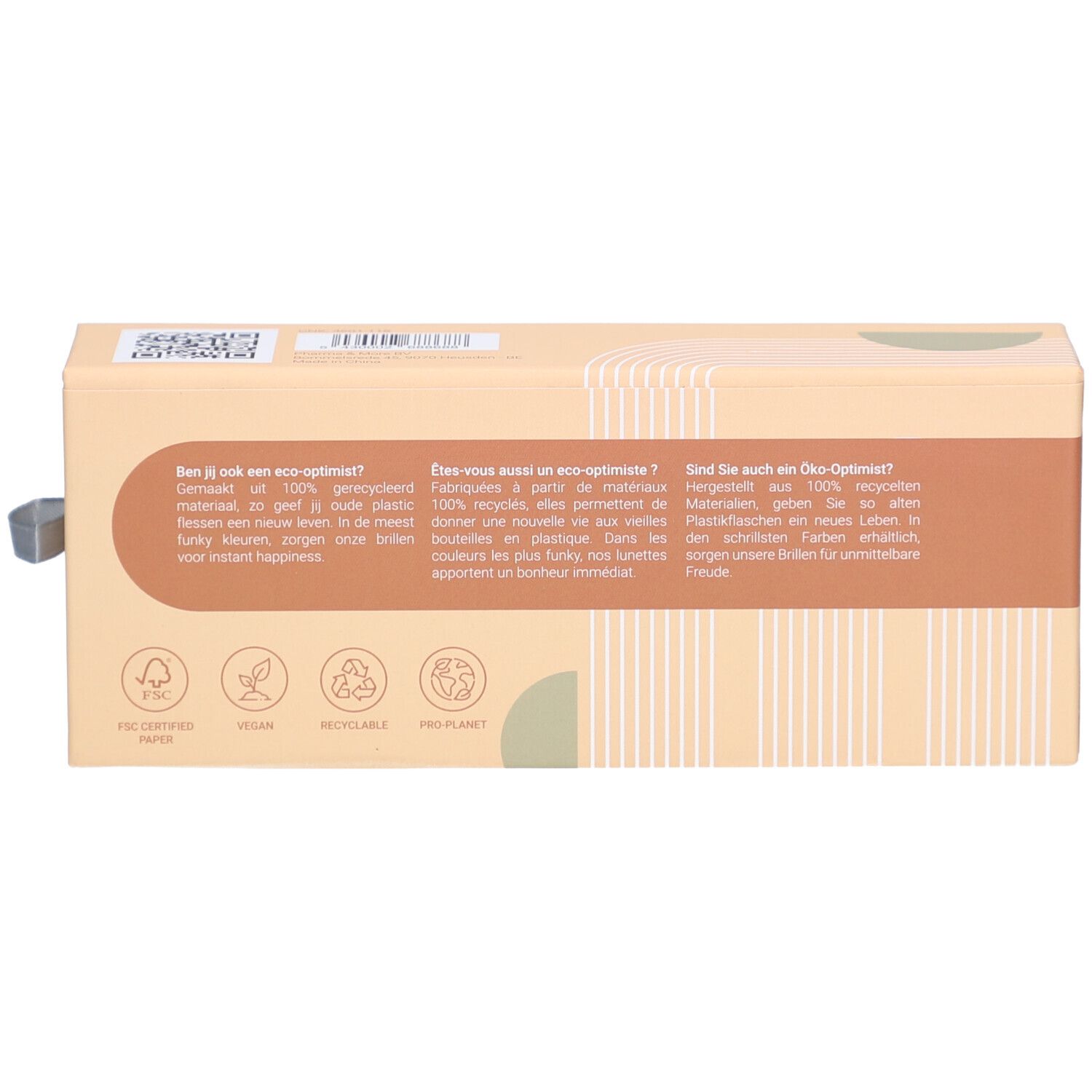 Rückseite der Verpackung der Kinderbrille. Beige, Marke: RenÉ(e) Kids. Text in Deutsch, Französisch und Niederländisch.