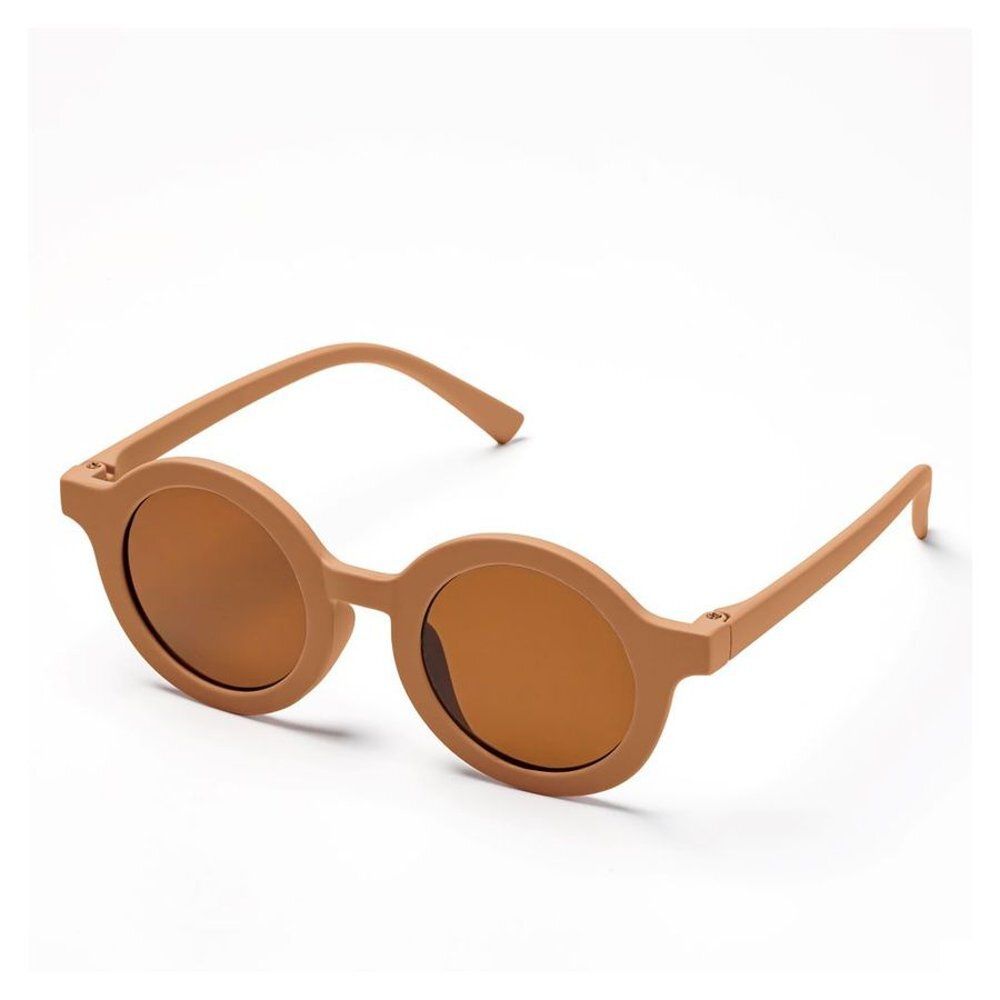 Lunettes de soleil pour enfants, verres bruns, monture marron clair, vue latérale.