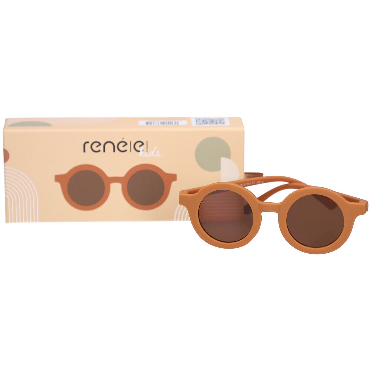 Sonnenbrille und Verpackung. Auf der Verpackung steht 'rené(e)'. Runde Sonnenbrille, braune Gläser, hellbrauner Rahmen.