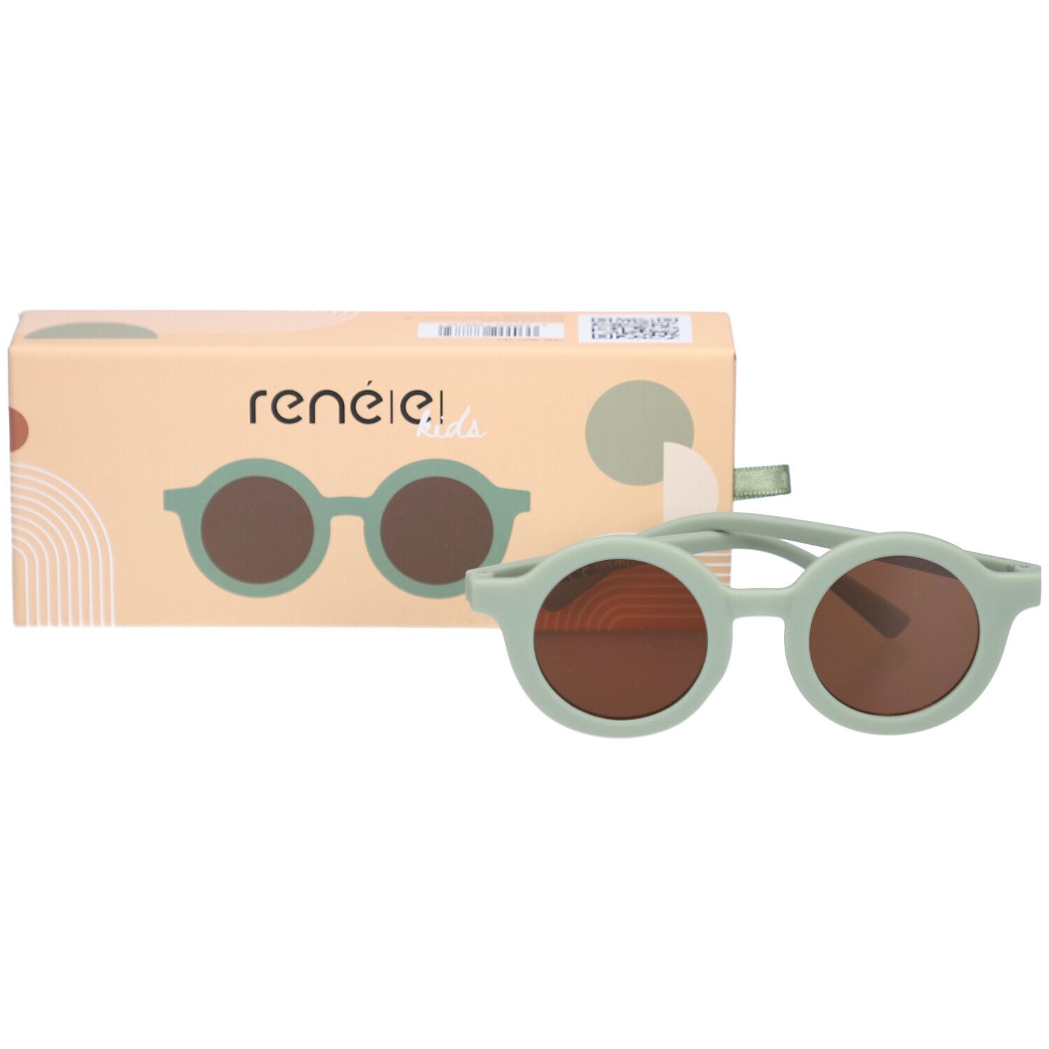 Sonnenbrille und Verpackung. Mintgrüne Brille, braune Gläser. Karton mit Logo.