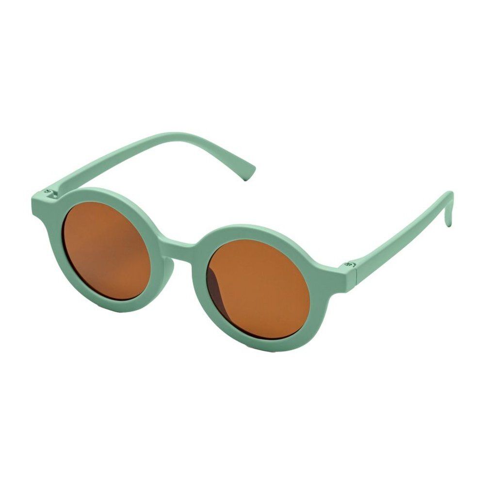 Lunettes de soleil pour enfants. Monture vert menthe, verres bruns. Vue oblique.