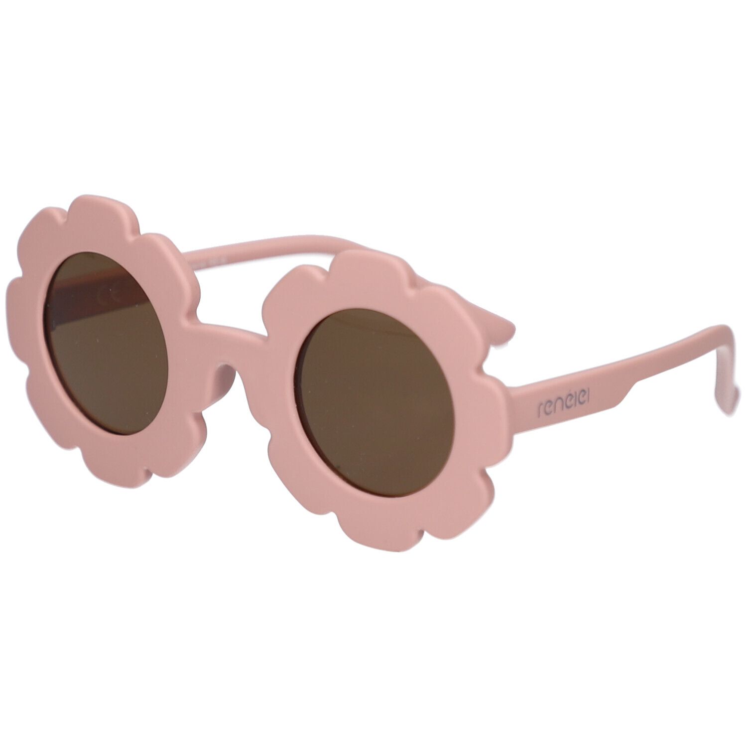 Rosa Sonnenbrille für Kinder mit blütenförmigen Gläsern und braunen Gläsern. Der Markenname ist auf dem Bügel zu sehen.