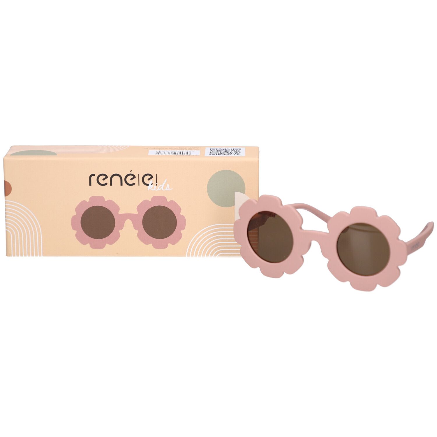 Rosa Sonnenbrille für Kinder mit blütenförmigen Gläsern und braunen Gläsern, neben einer Verpackung. Markenname auf der Verpackung.