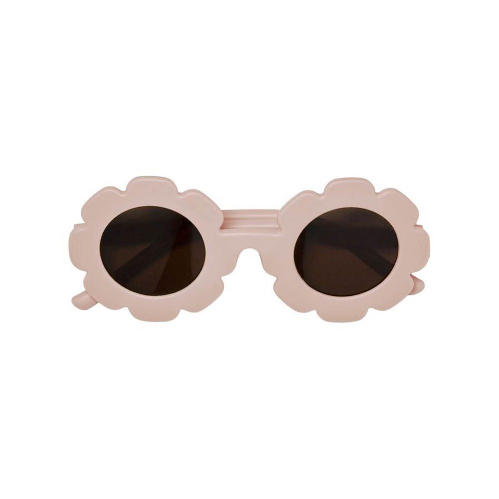 Lunettes de soleil roses pour enfants, verres en forme de fleur, verres bruns. Le nom de la marque est visible sur la branche.