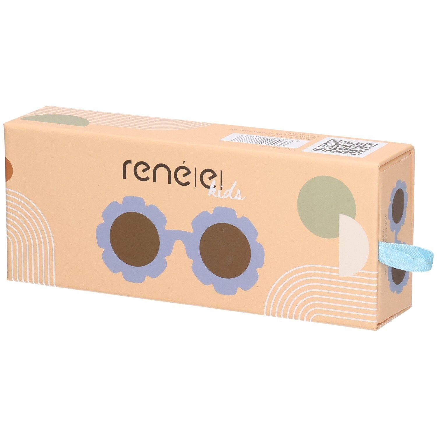 Verpackung für Kinder-Sonnenbrille. Hellbraune Schachtel mit Sonnenbrillen-Illustration. Marke: René(E) kids.