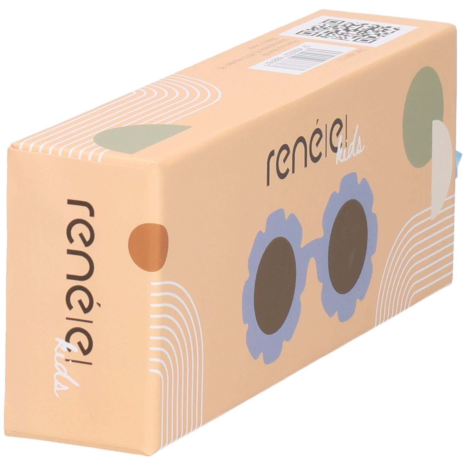 Verpackung für Kinder-Sonnenbrille. Hellbraune Schachtel mit Sonnenbrillen-Illustration. Marke: René(E) kids.