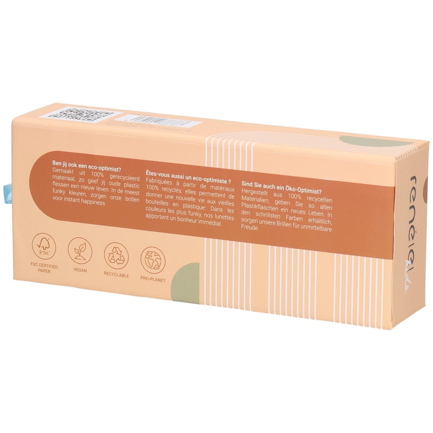 Rückseite der Verpackung für Kinder-Sonnenbrille. Text und Logos. Marke: René(E).