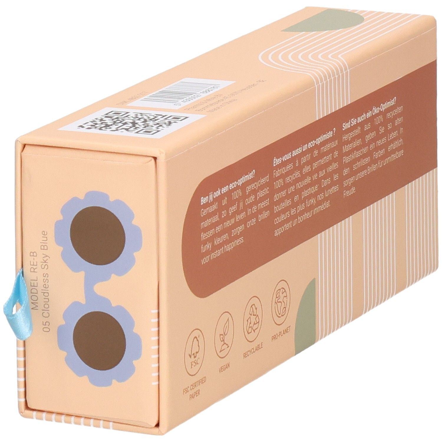 Verpackung für Kinder-Sonnenbrille. Hellbraune Schachtel mit Sonnenbrillen-Illustration. Marke: René(E) kids.