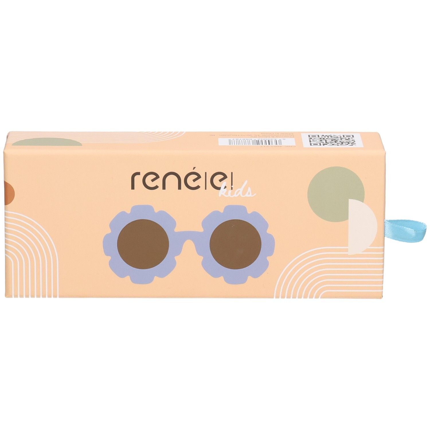 Verpackung für Kinder-Sonnenbrille. Hellbraune Schachtel mit Sonnenbrillen-Illustration. Marke: René(E) kids.