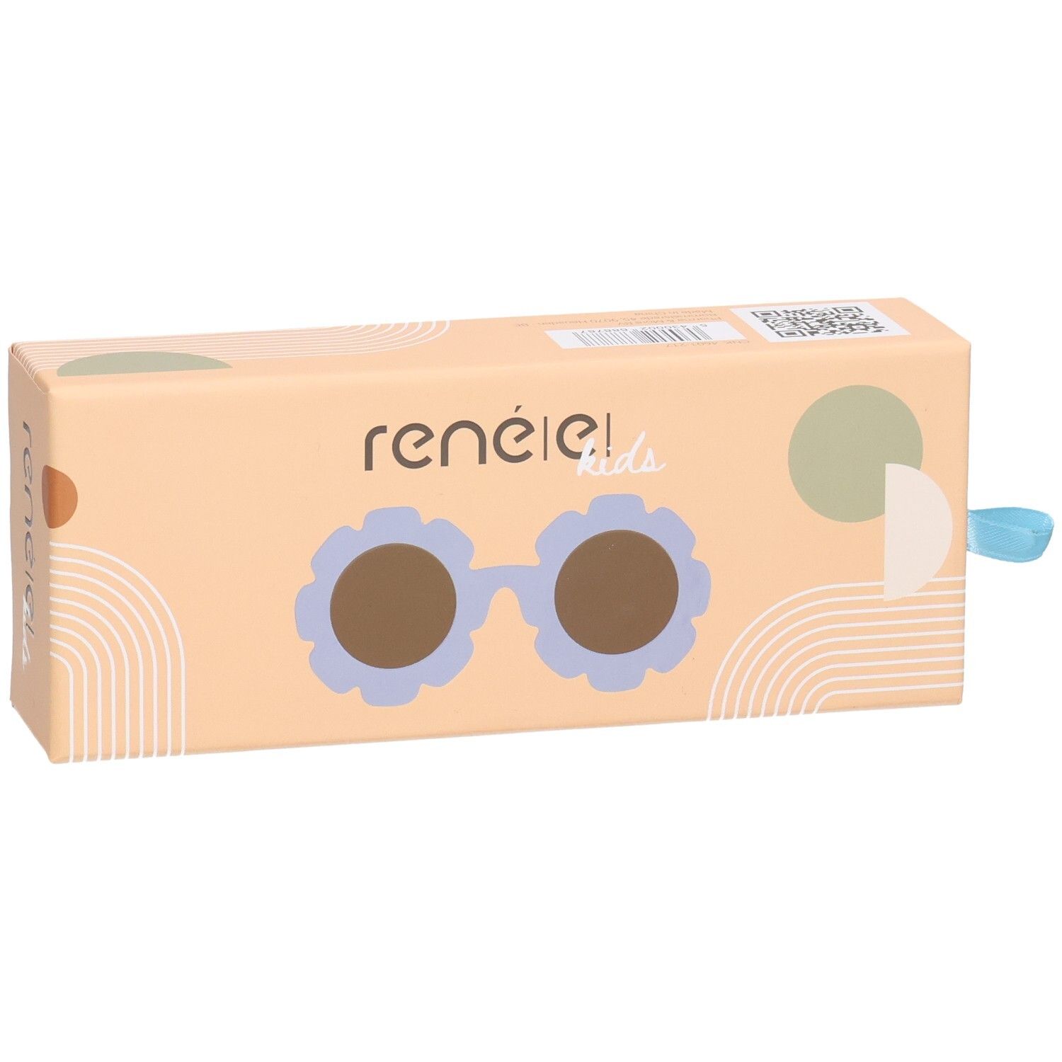 Verpackung für Kinder-Sonnenbrille. Hellbraune Schachtel mit Sonnenbrillen-Illustration. Marke: René(E) kids.