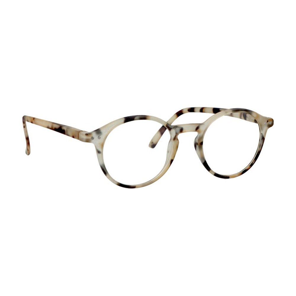 Lesebrille mit Schildpattmuster-Rahmen und Verpackung.