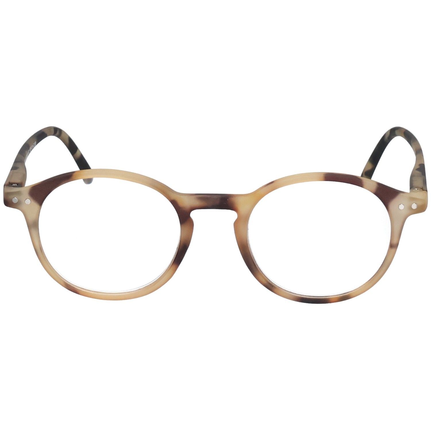 Runde Brille mit braun-beigem Tortoise-Muster. Bügel und Rahmen sind aus Kunststoff. Gläser sind transparent.