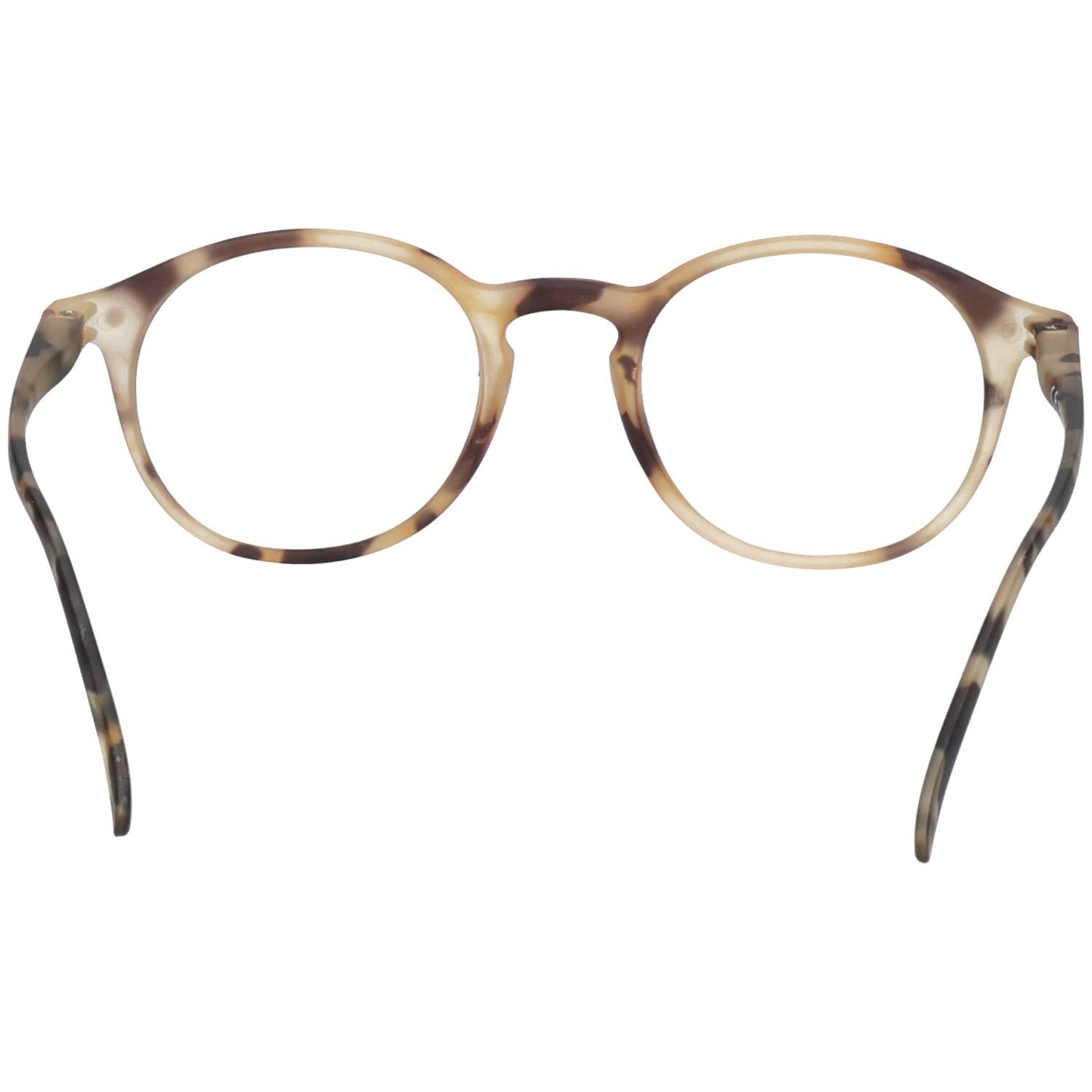 Runde Brille mit braun-beigem Tortoise-Muster. Bügel sind ausgeklappt. Gläser sind transparent.
