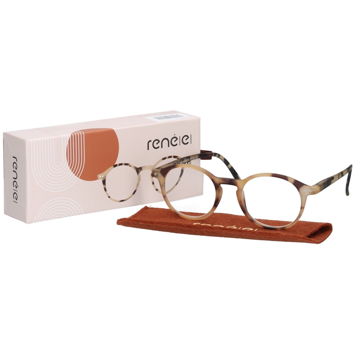 Brille, Etui und Verpackung. Brille: rund, Tortoise-Muster. Etui: braun. Verpackung: rosa, Marke René(e).