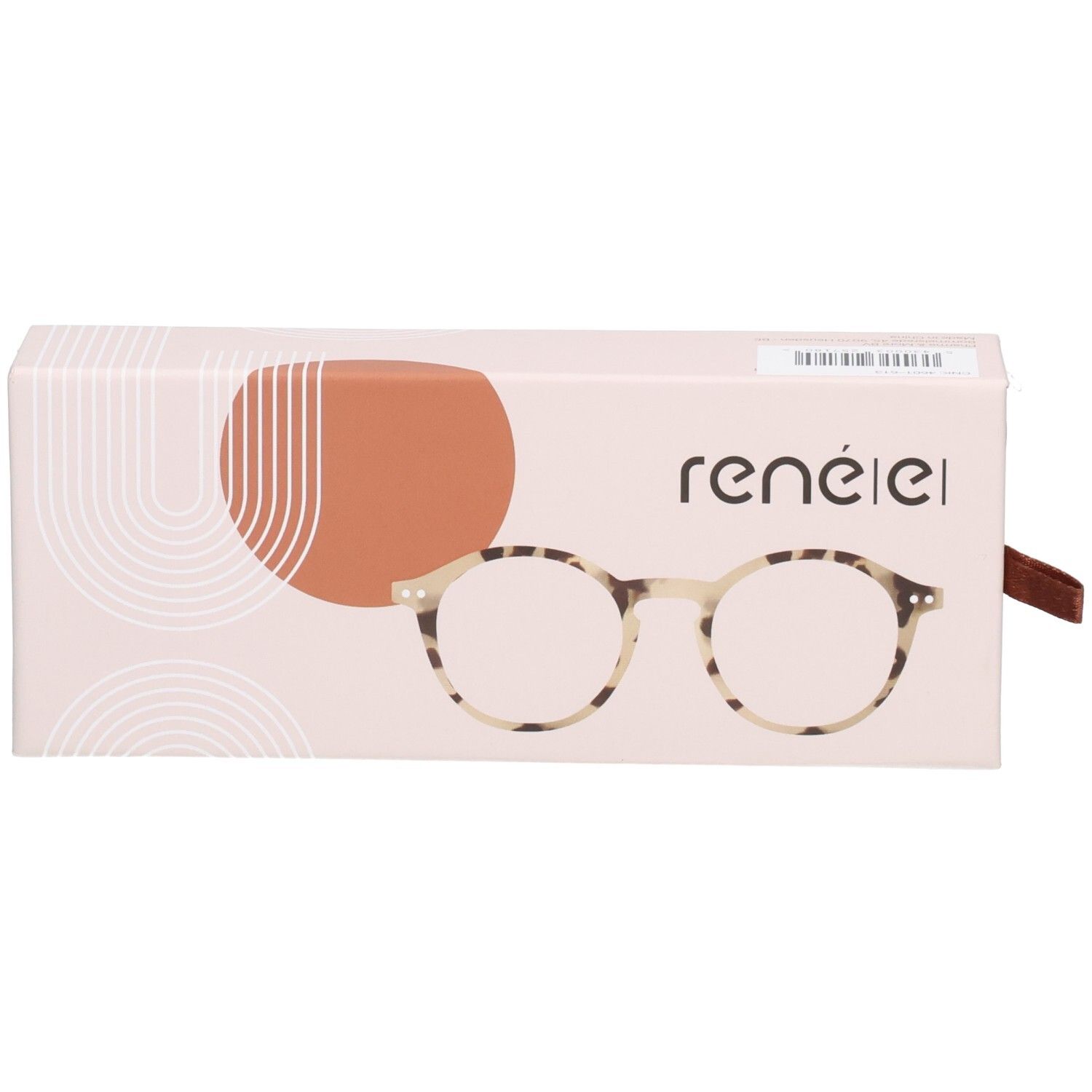 Rosa Verpackung mit Brillen-Illustration. Marke René(e) und Logo. Rechteckige Form.
