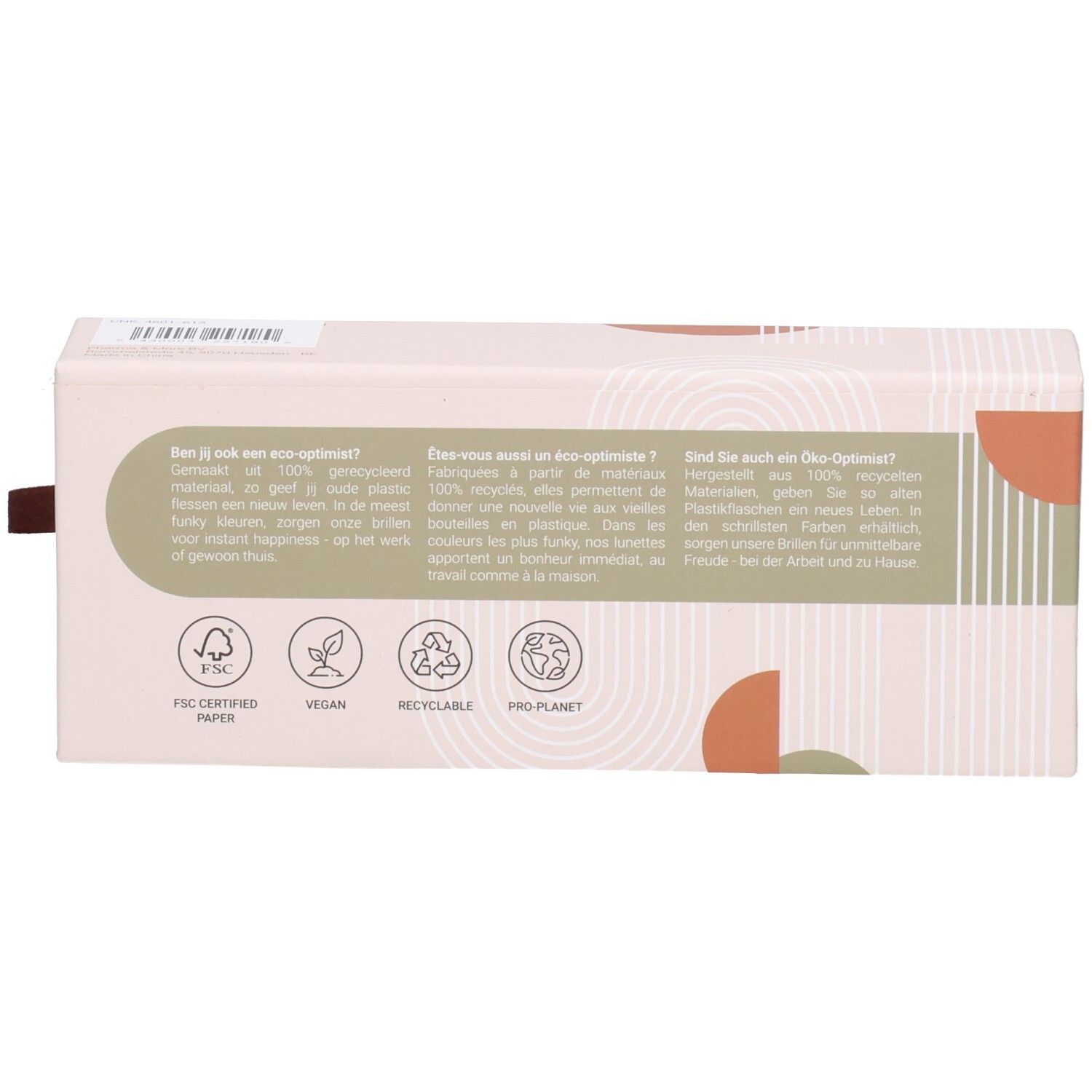 Rückseite der Verpackung. Text in Deutsch, Französisch, Niederländisch. FSC-Zertifizierung, vegan, recycelbar.