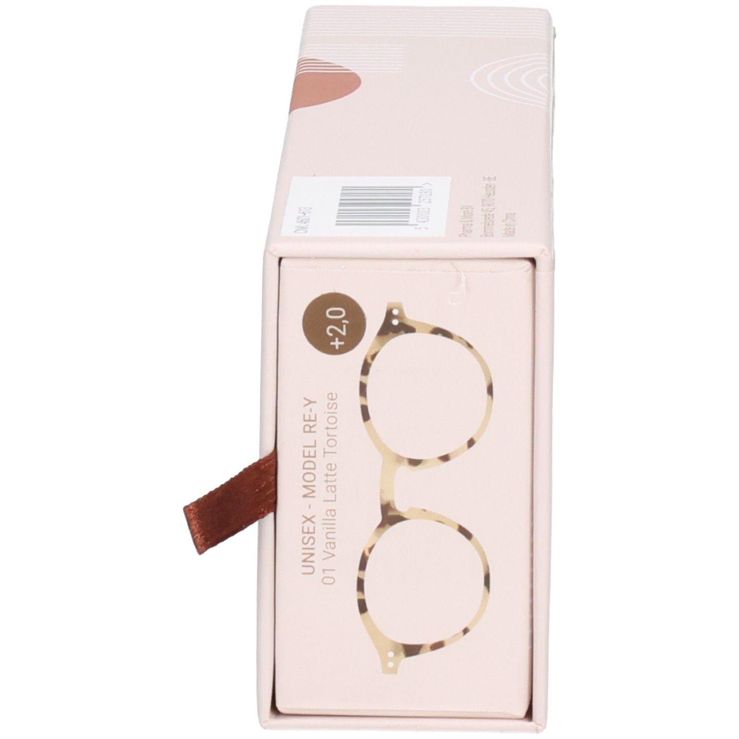 Verpackung, seitliche Ansicht. Brillen-Illustration, Marke René(e). Modell RE-Y 01 Vanilla Latte Tortoise, +2.0.
