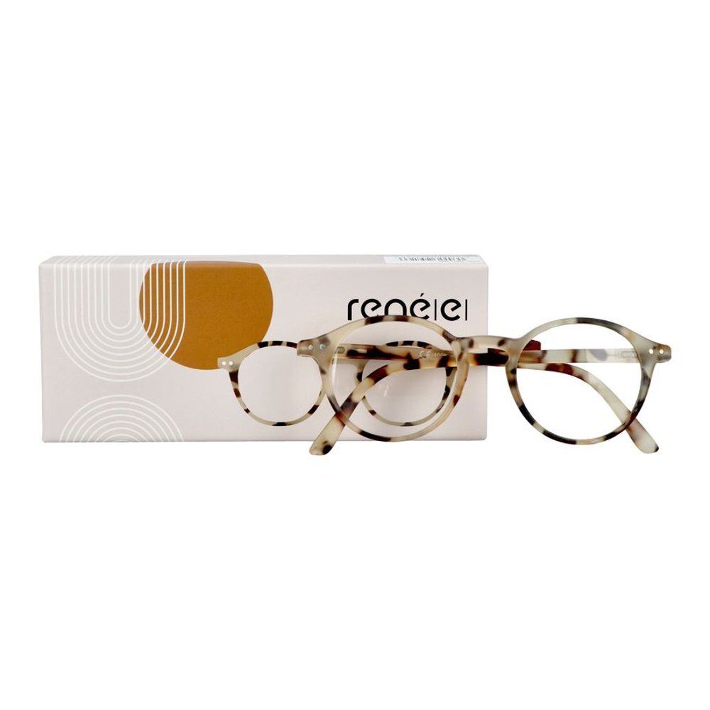 Mehrfarbige Lesebrille mit rundem Rahmen und passender Verpackung.