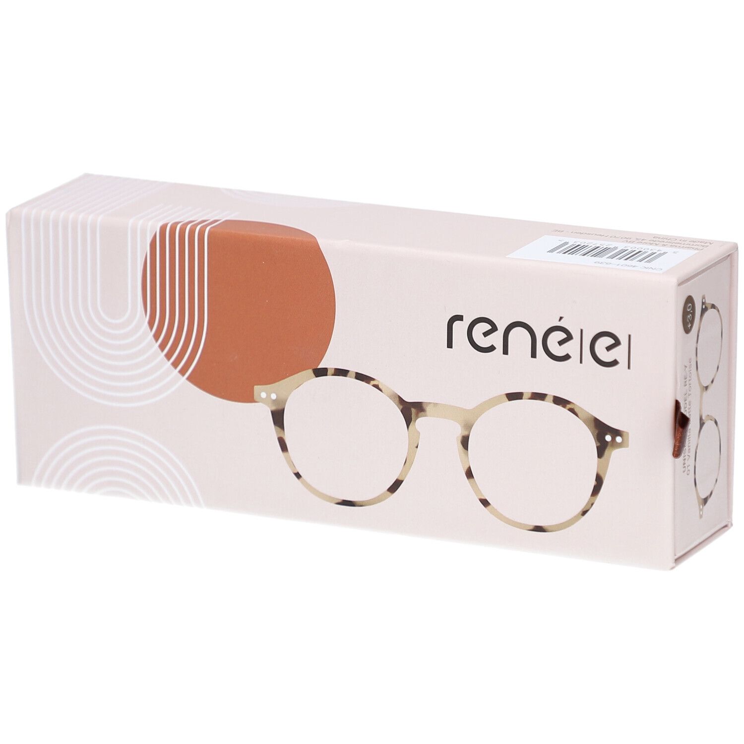 Brillenetui mit Brille. Aufdruck: renéel. Brille mit runden Gläsern, Tortoise-Muster. Verpackung mit braunen und beigen Elementen.