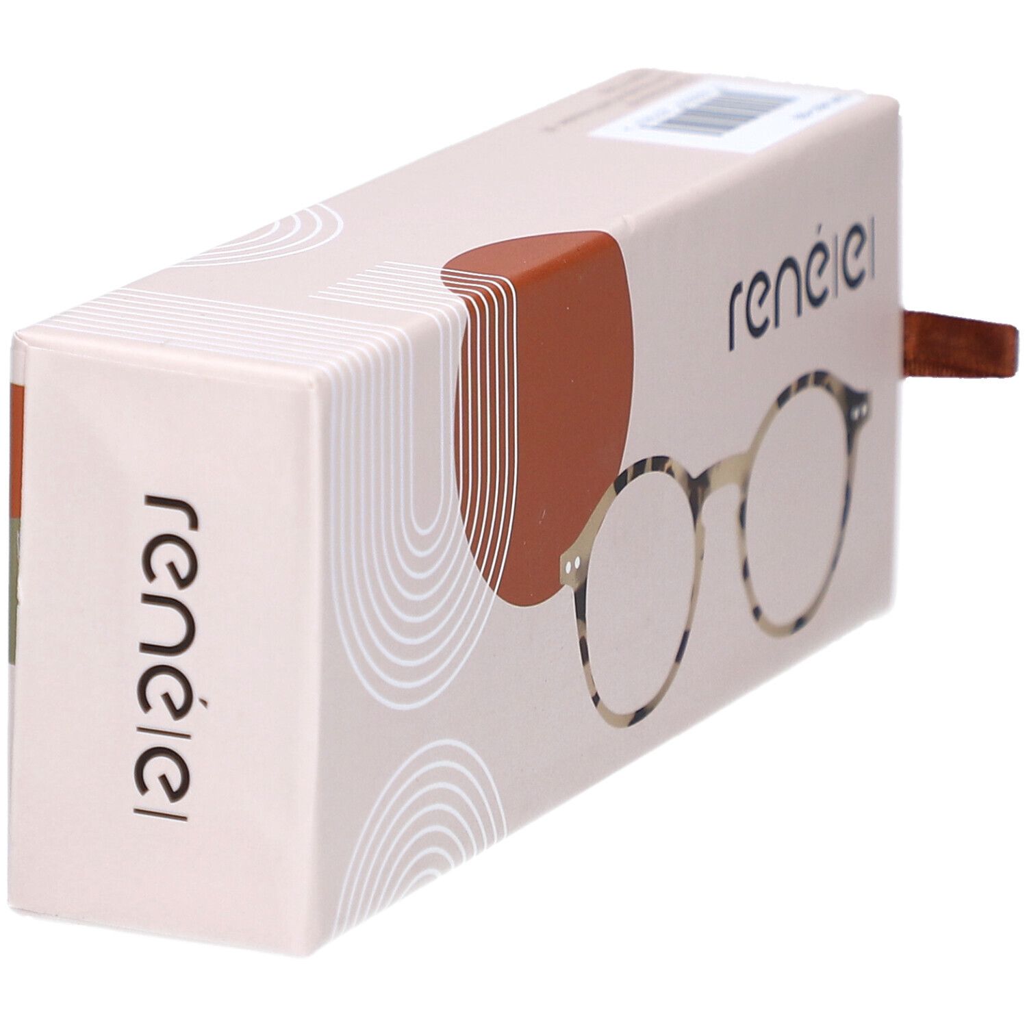 Brillenetui mit renéel-Schriftzug. Brille mit Tortoise-Muster. Brauner Zugriemen. Beige und braune Verpackung.